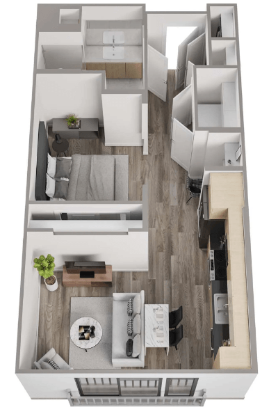 a stylized floor plan with a bedroom and a living room